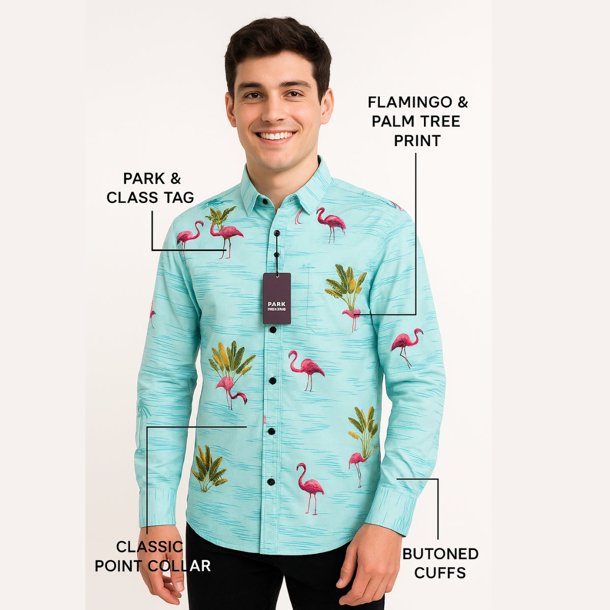 Flamingo Print Button-Up Shirt - Light Blue