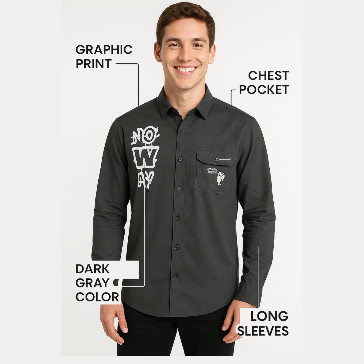 Graphic Print Button-Up Shirt - Olive Green