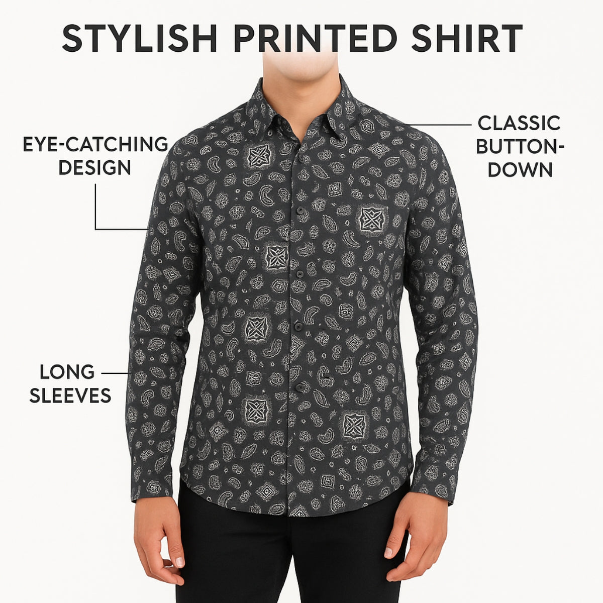 Paisley Pattern Button-Up Shirt - Dark Gray