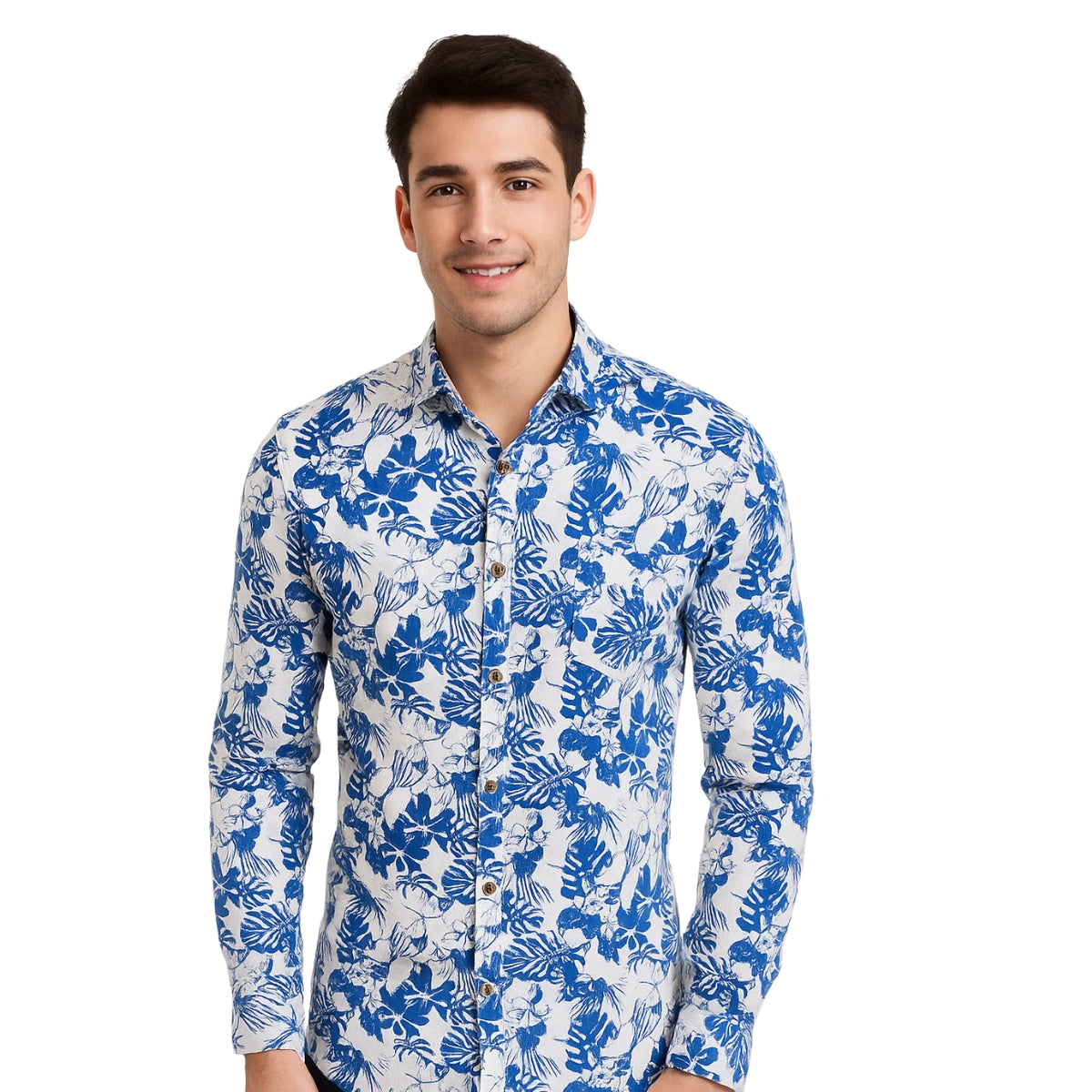 Tropical Floral Navy Blue Long Sleeve Shirt for Men
