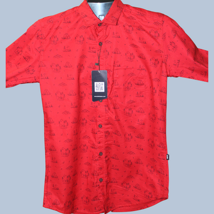 Red Casual Button Shirt with Sailing Print