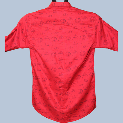 Red Casual Button Shirt with Sailing Print