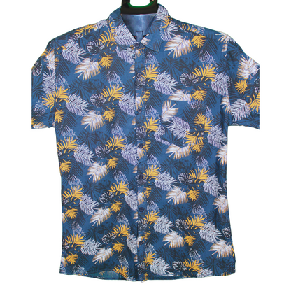 Yellow and Blue Tropical Print Long Sleeve Shirt for Men