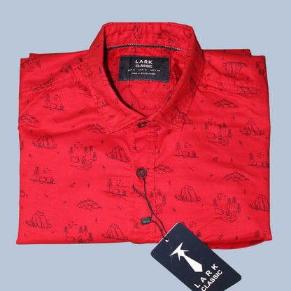 Red Casual Button Shirt with Sailing Print