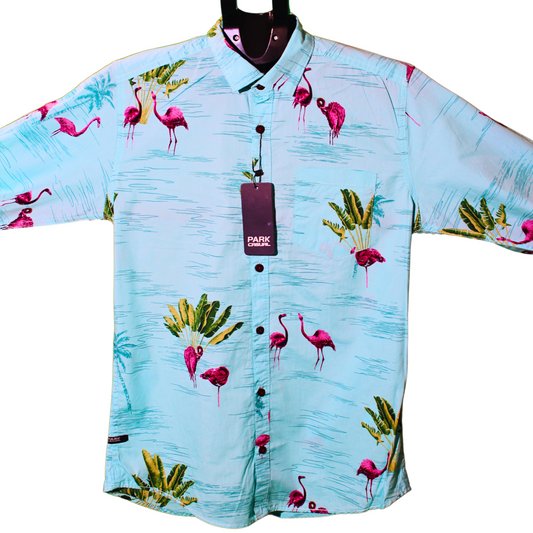 Flamingo Print Button-Up Shirt - Light Blue