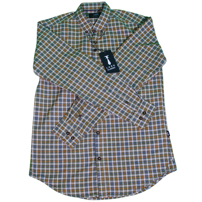 Plaid Brown and Green Long Sleeve Shirt for Men