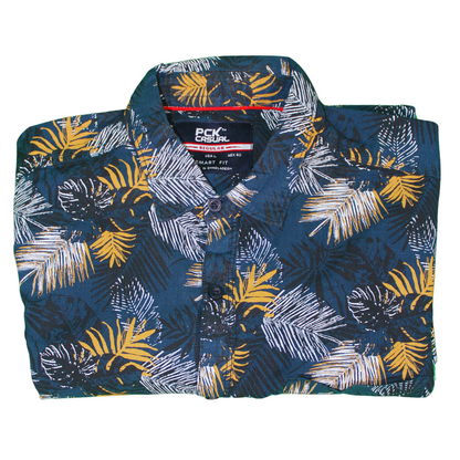 Yellow and Blue Tropical Print Long Sleeve Shirt for Men