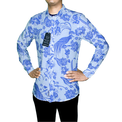 Blue Floral Patterned Long Sleeve Shirt for Men