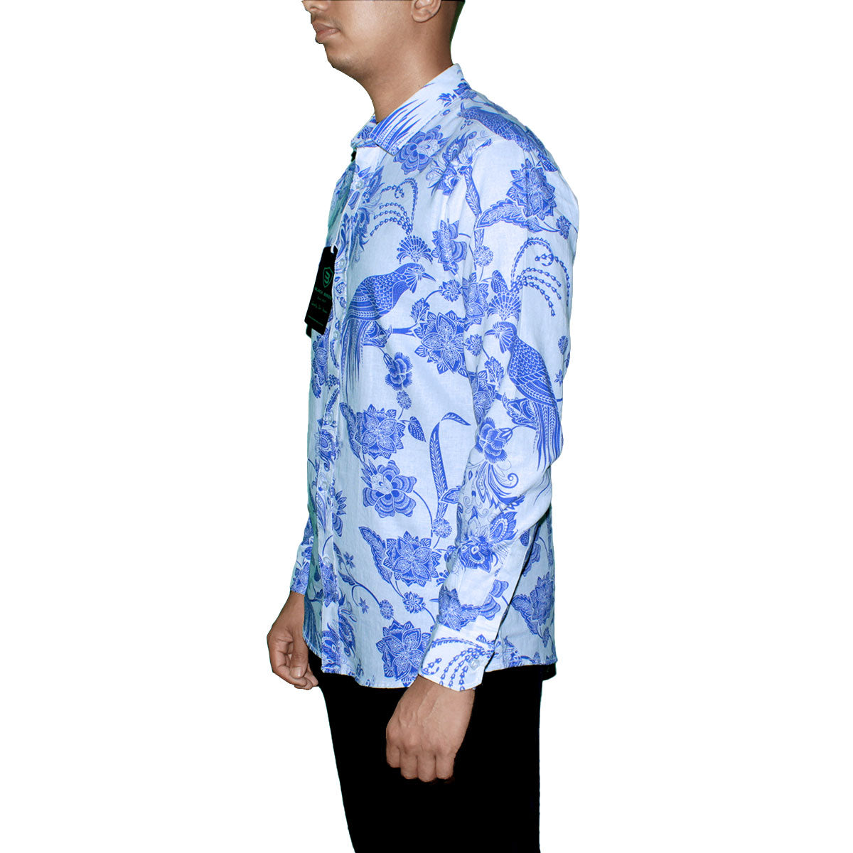 Blue Floral Patterned Long Sleeve Shirt for Men