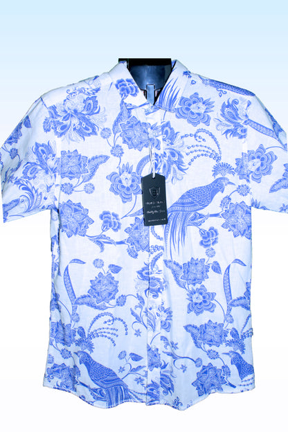 Blue Floral Patterned Long Sleeve Shirt for Men