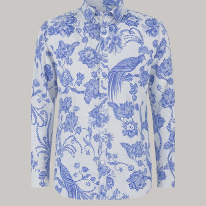 Blue Floral Patterned Long Sleeve Shirt for Men