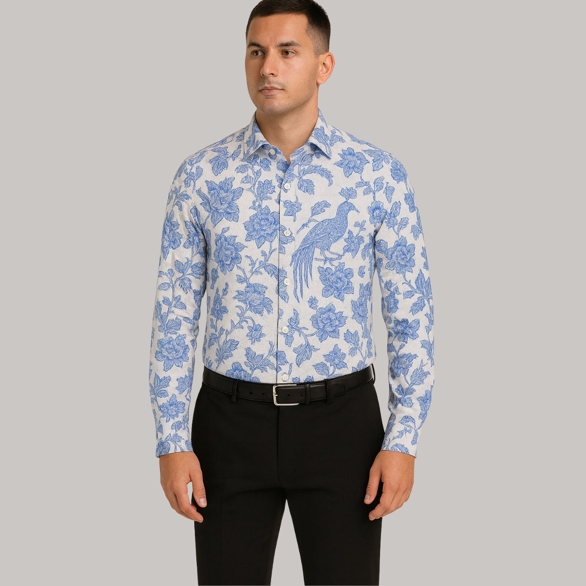 Blue Floral Patterned Long Sleeve Shirt for Men