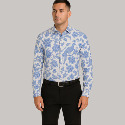 Blue Floral Patterned Long Sleeve Shirt for Men