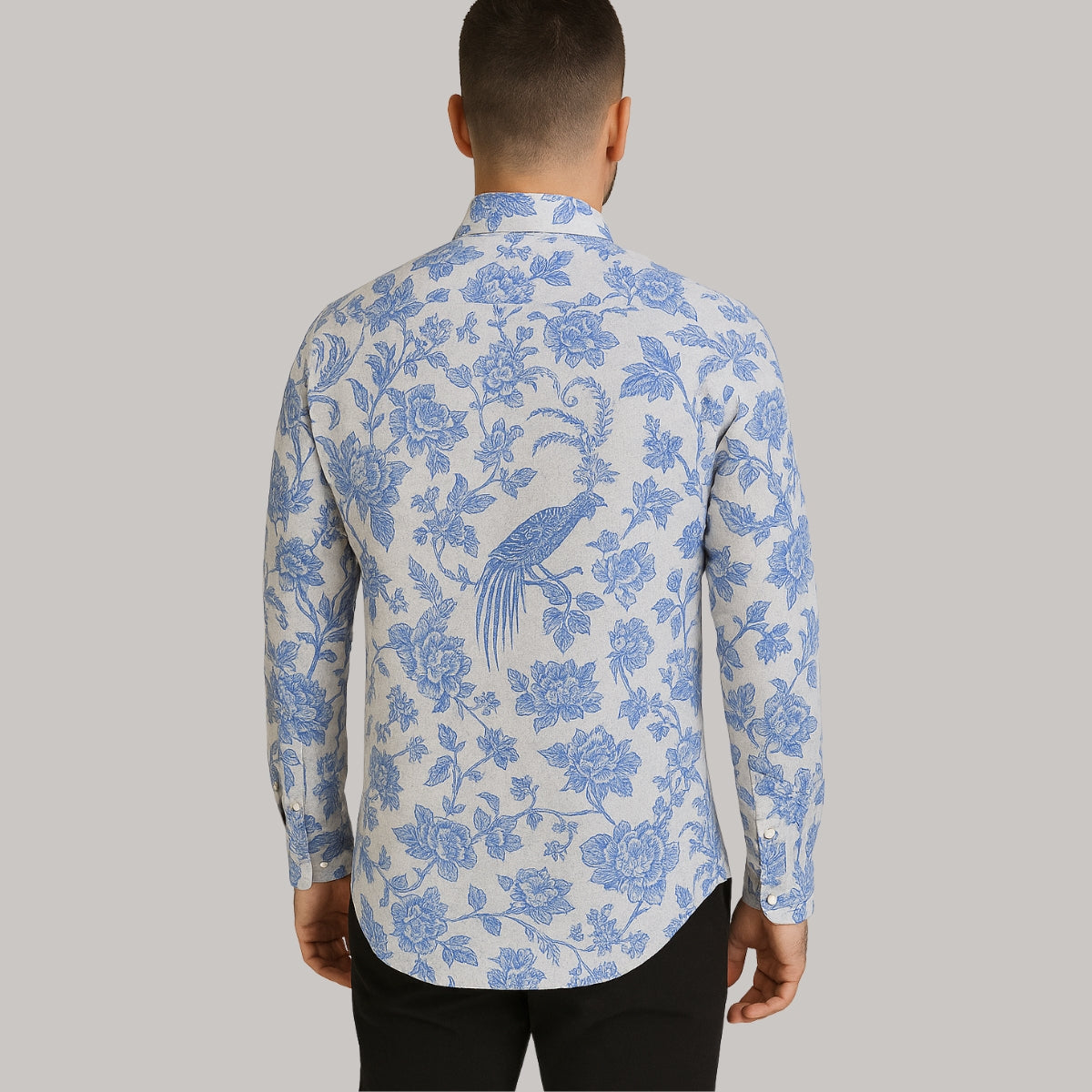 Blue Floral Patterned Long Sleeve Shirt for Men