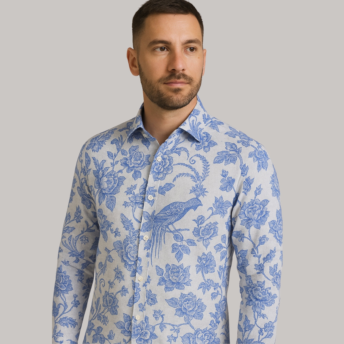 Blue Floral Patterned Long Sleeve Shirt for Men