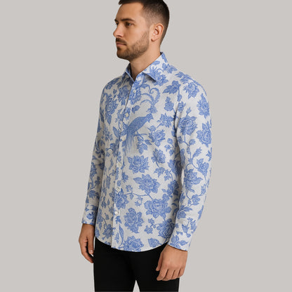 Blue Floral Patterned Long Sleeve Shirt for Men