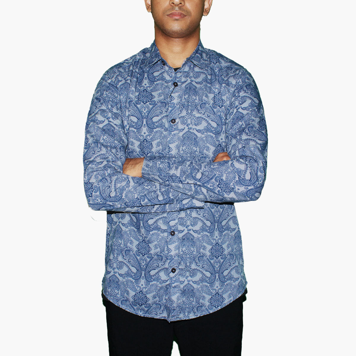 Blue Paisley Print Button-Up Shirt