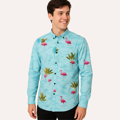 Flamingo Print Button-Up Shirt - Light Blue