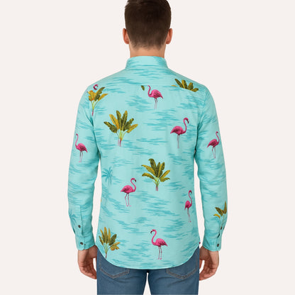 Flamingo Print Button-Up Shirt - Light Blue