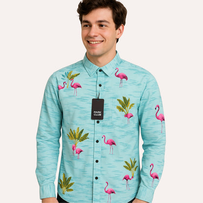 Flamingo Print Button-Up Shirt - Light Blue