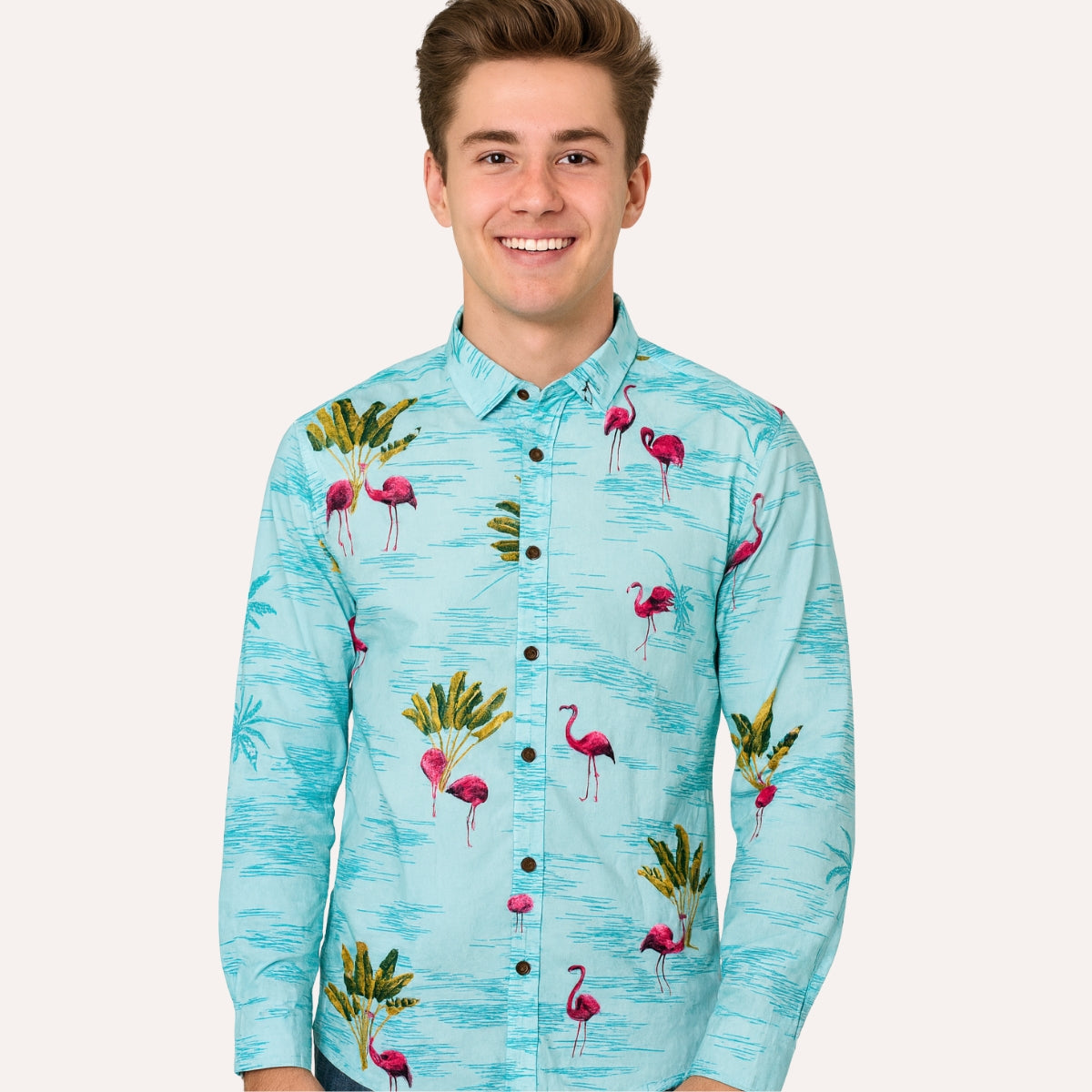 Flamingo Print Button-Up Shirt - Light Blue