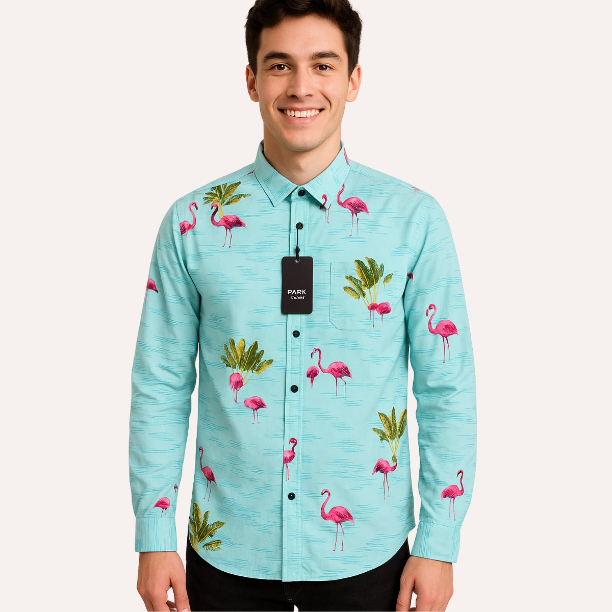 Flamingo Print Button-Up Shirt - Light Blue