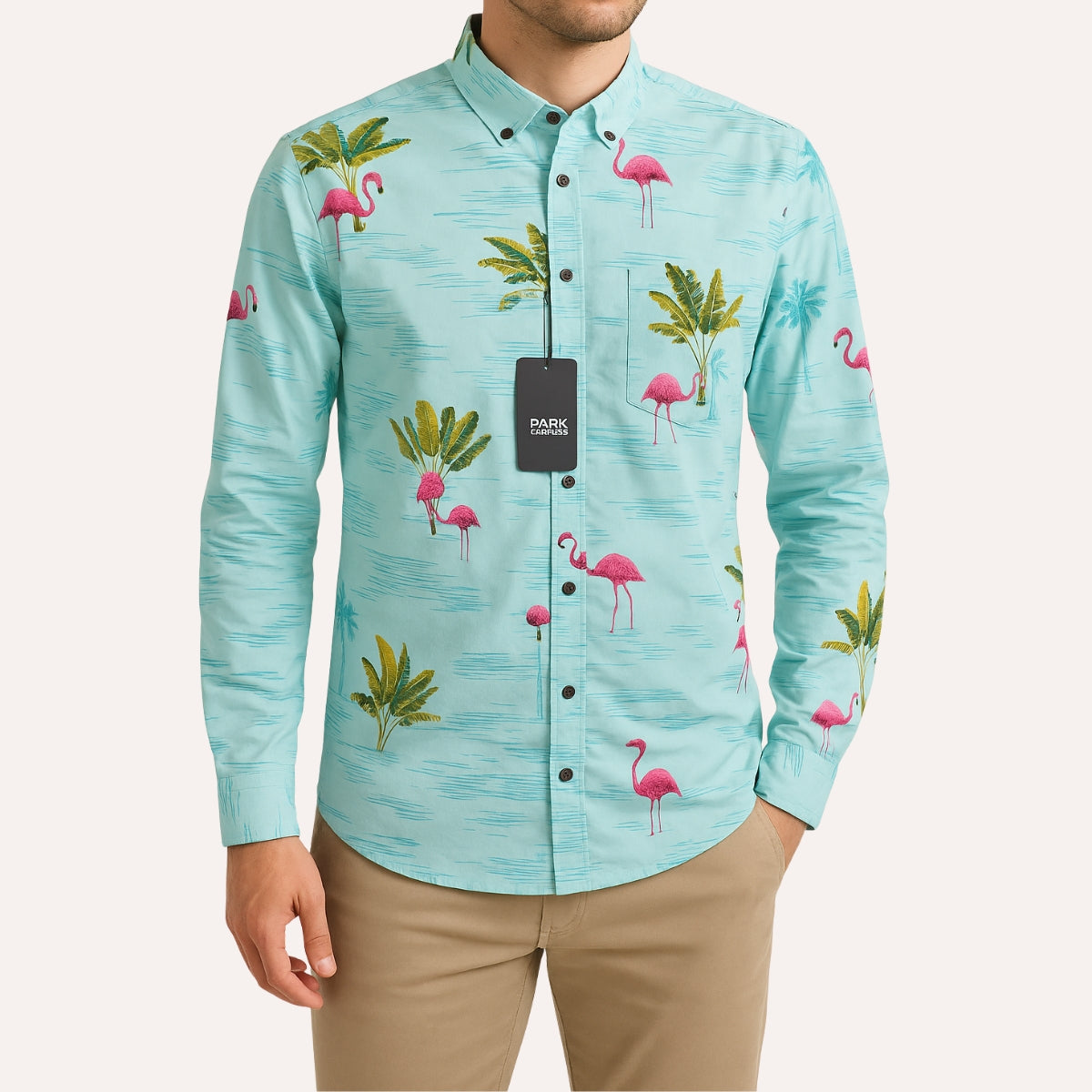 Flamingo Print Button-Up Shirt - Light Blue