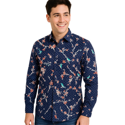 Floral Bird Print Button-Up Shirt - Navy Blue