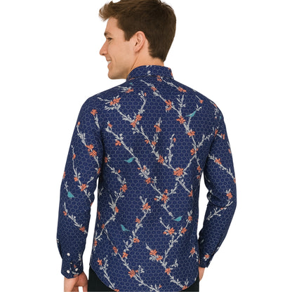 Floral Bird Print Button-Up Shirt - Navy Blue
