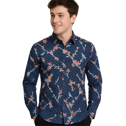 Floral Bird Print Button-Up Shirt - Navy Blue