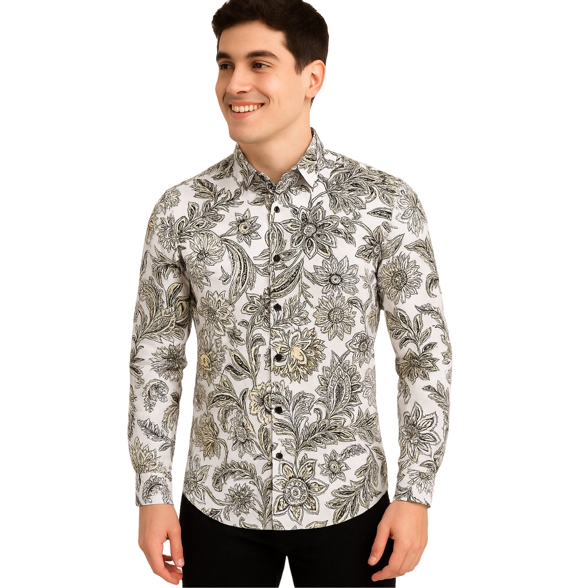 Floral Paisley Print Button-Up Shirt - White & Black
