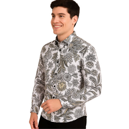 Floral Paisley Print Button-Up Shirt - White & Black