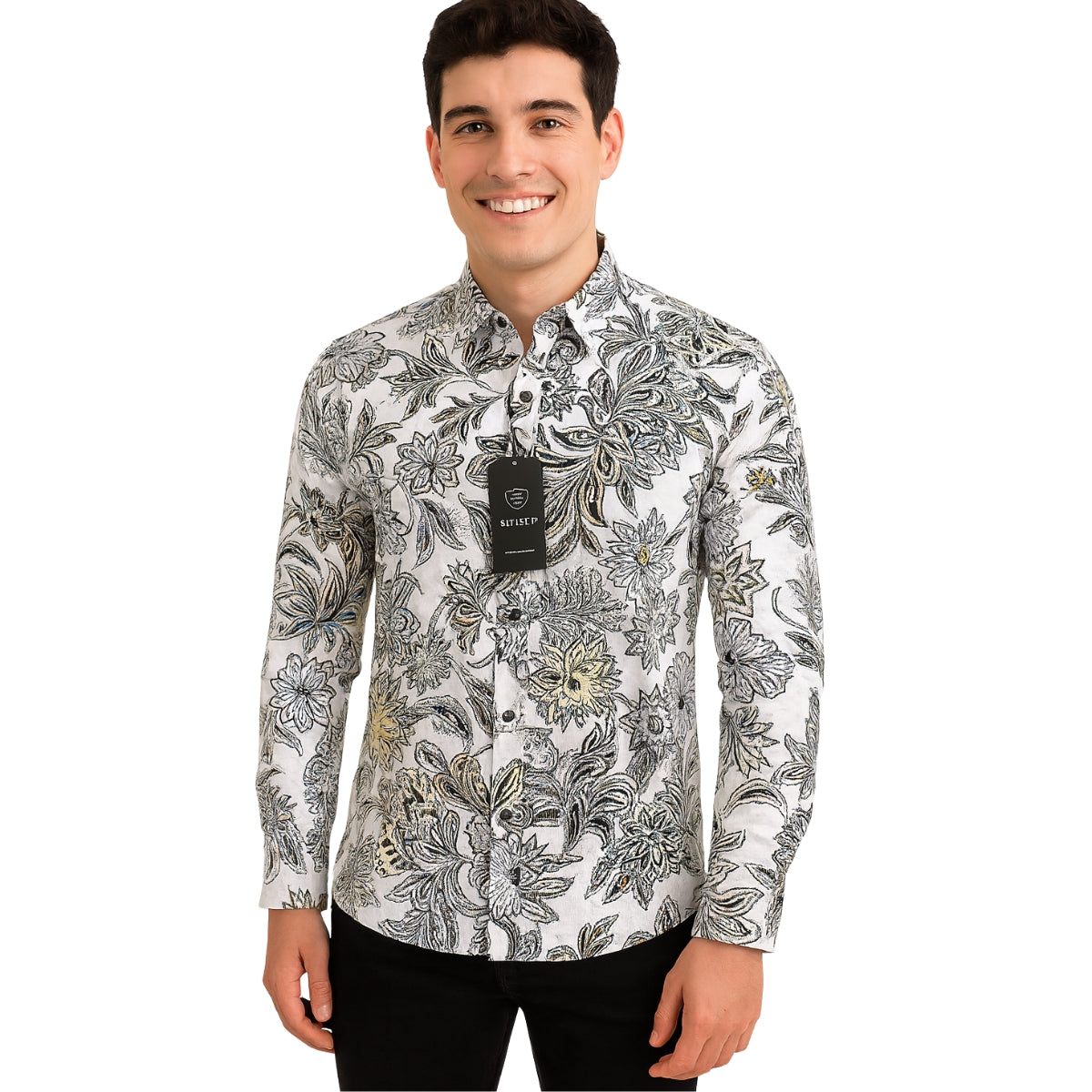 Floral Paisley Print Button-Up Shirt - White & Black