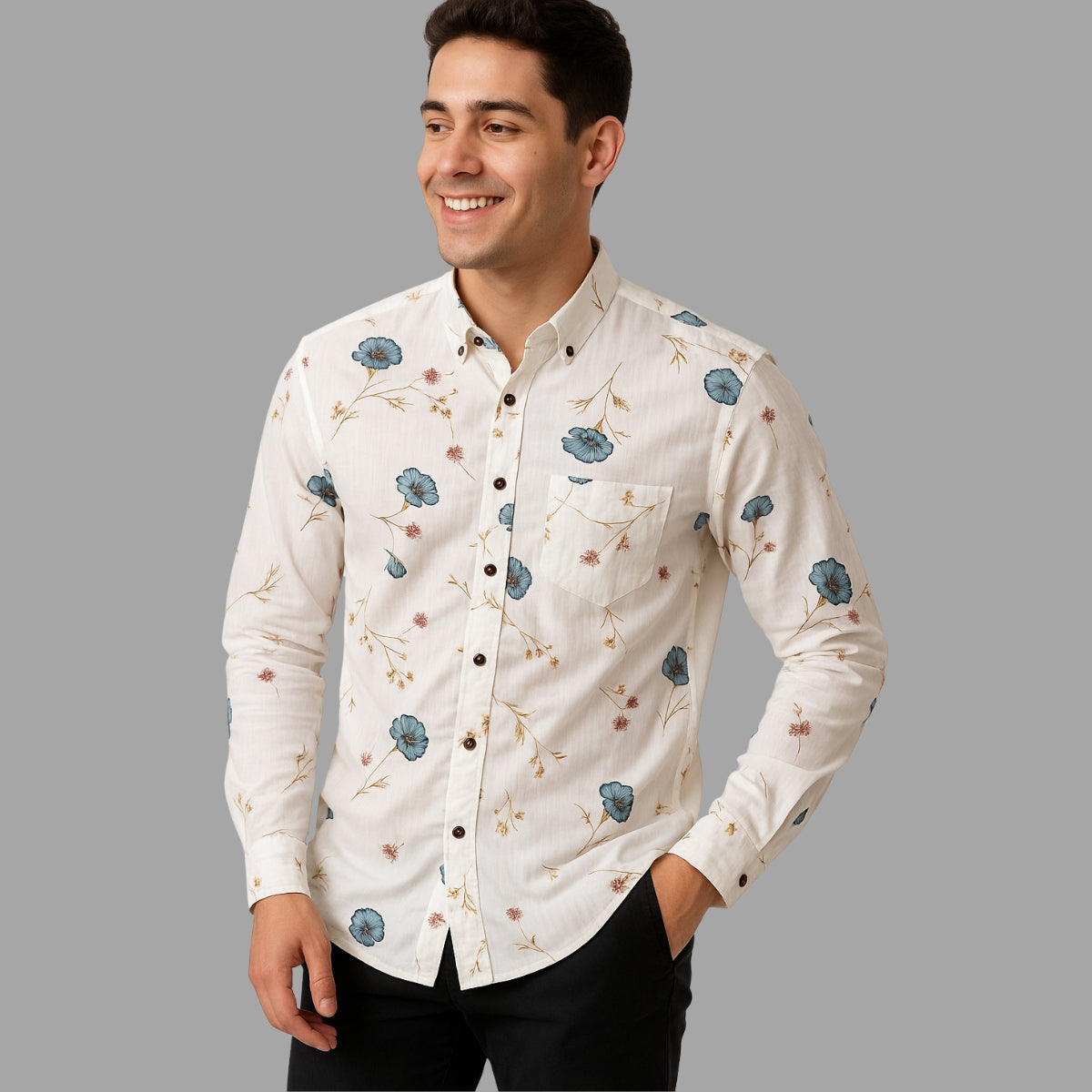 Floral Print Button-Up Shirt - White
