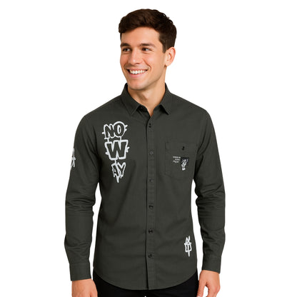Graphic Print Button-Up Shirt - Olive Green
