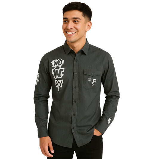 Graphic Print Button-Up Shirt - Olive Green