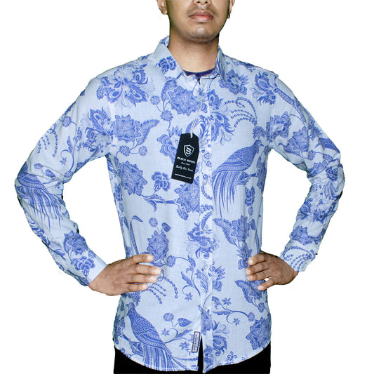 Blue Floral Patterned Long Sleeve Shirt for Men