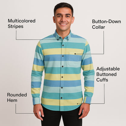 Multi-Stripe Button-Up Shirt - Blue, Yellow & Green