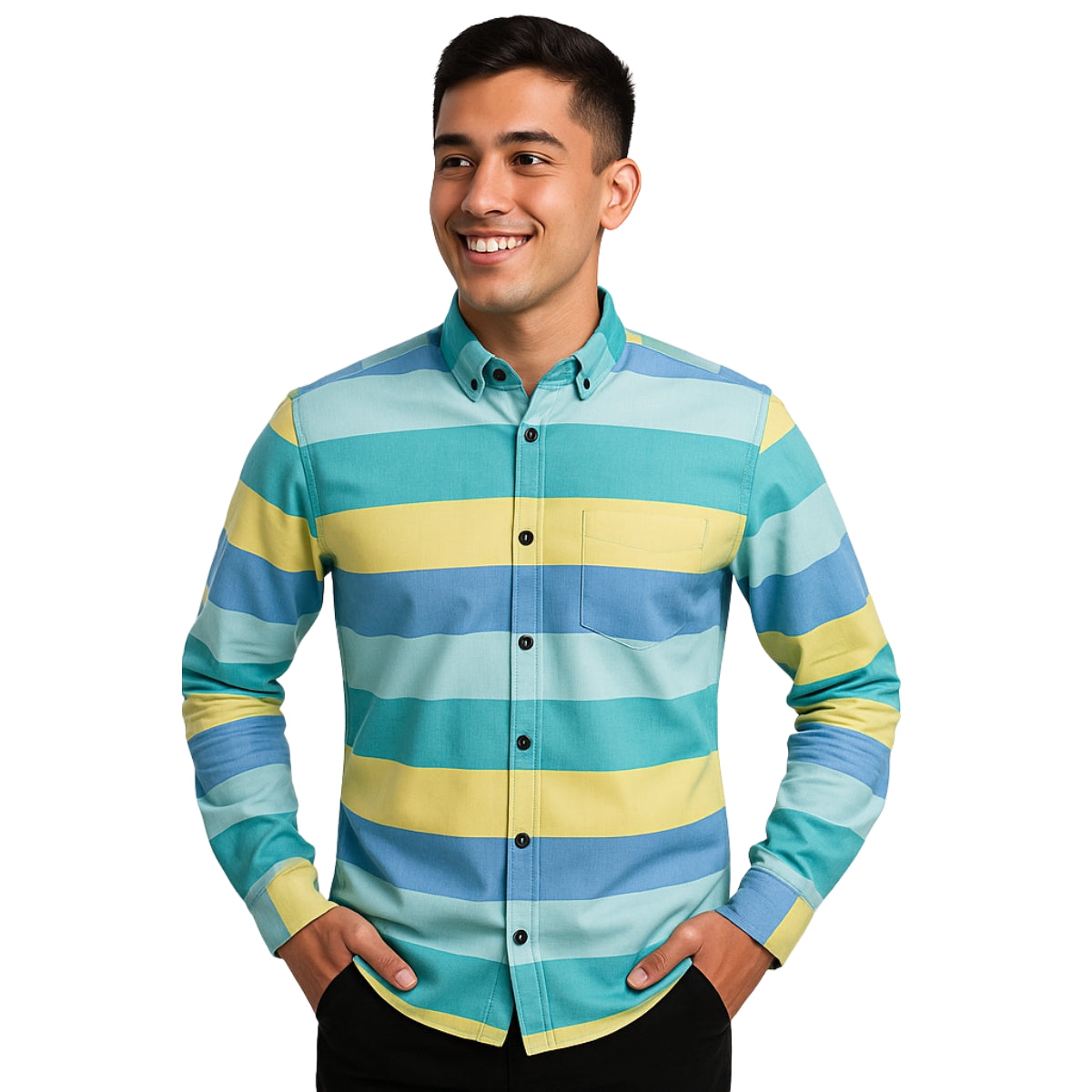 Multi-Stripe Button-Up Shirt - Blue, Yellow & Green