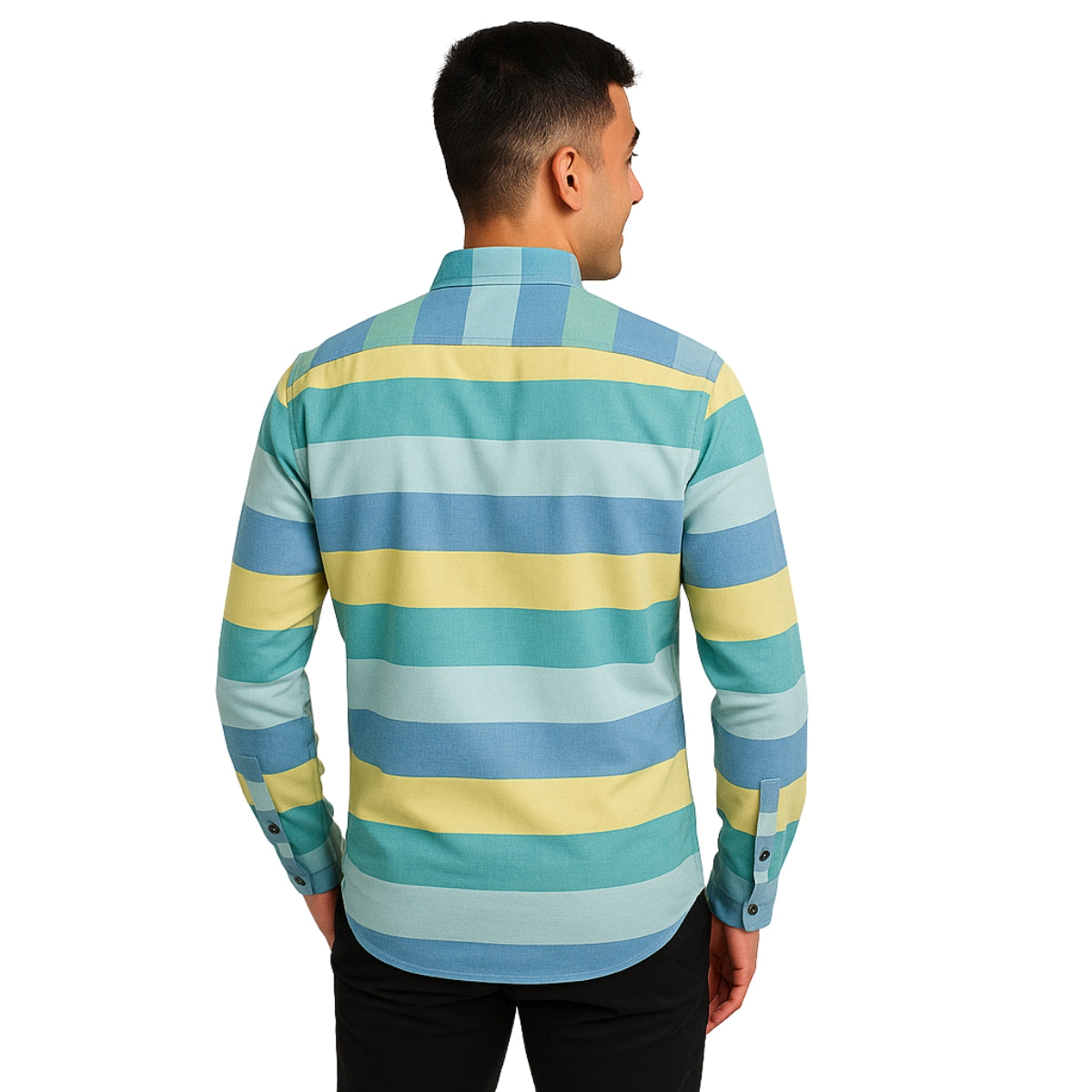 Multi-Stripe Button-Up Shirt - Blue, Yellow & Green