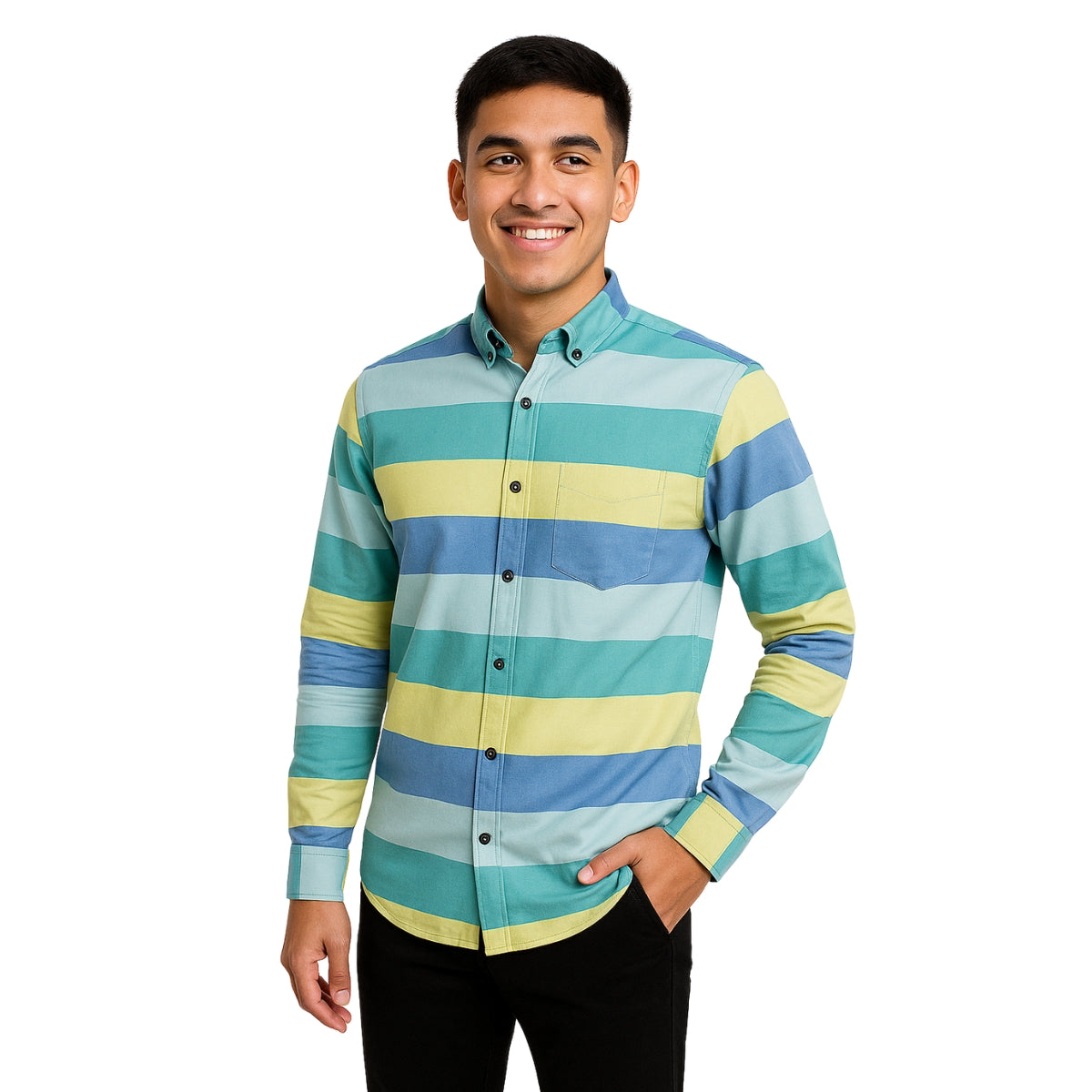 Multi-Stripe Button-Up Shirt - Blue, Yellow & Green