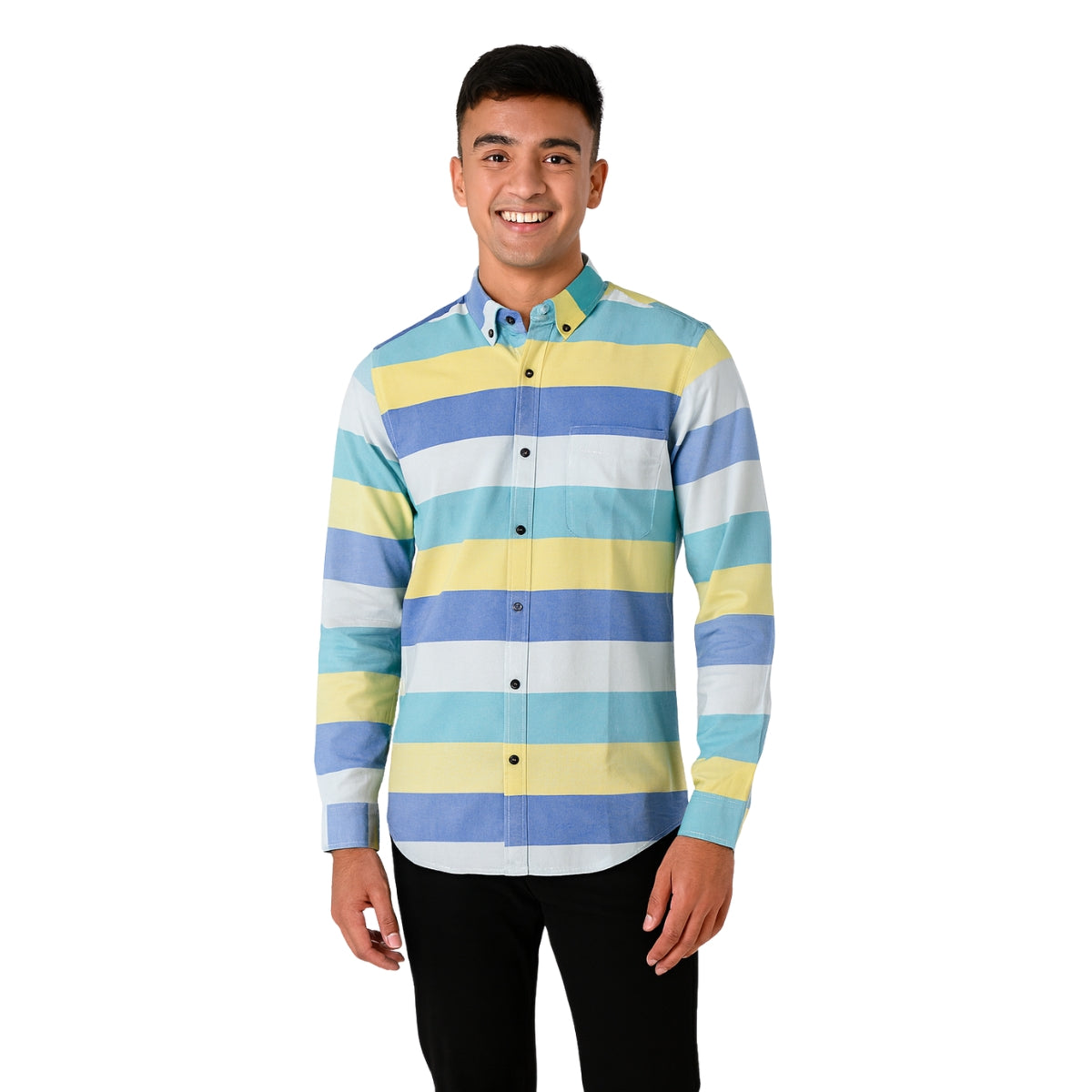 Multi-Stripe Button-Up Shirt - Blue, Yellow & Green