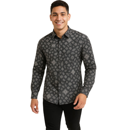 Paisley Pattern Button-Up Shirt - Dark Gray