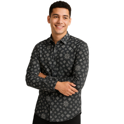 Paisley Pattern Button-Up Shirt - Dark Gray