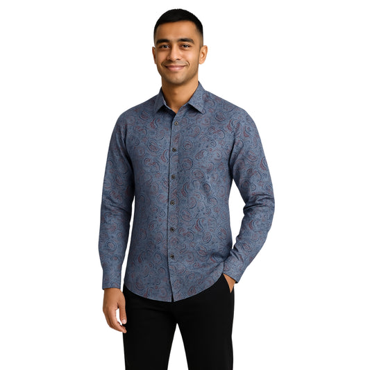 Paisley Pattern Button-Up Shirt - Gray & Red