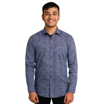Paisley Pattern Button-Up Shirt - Gray & Red