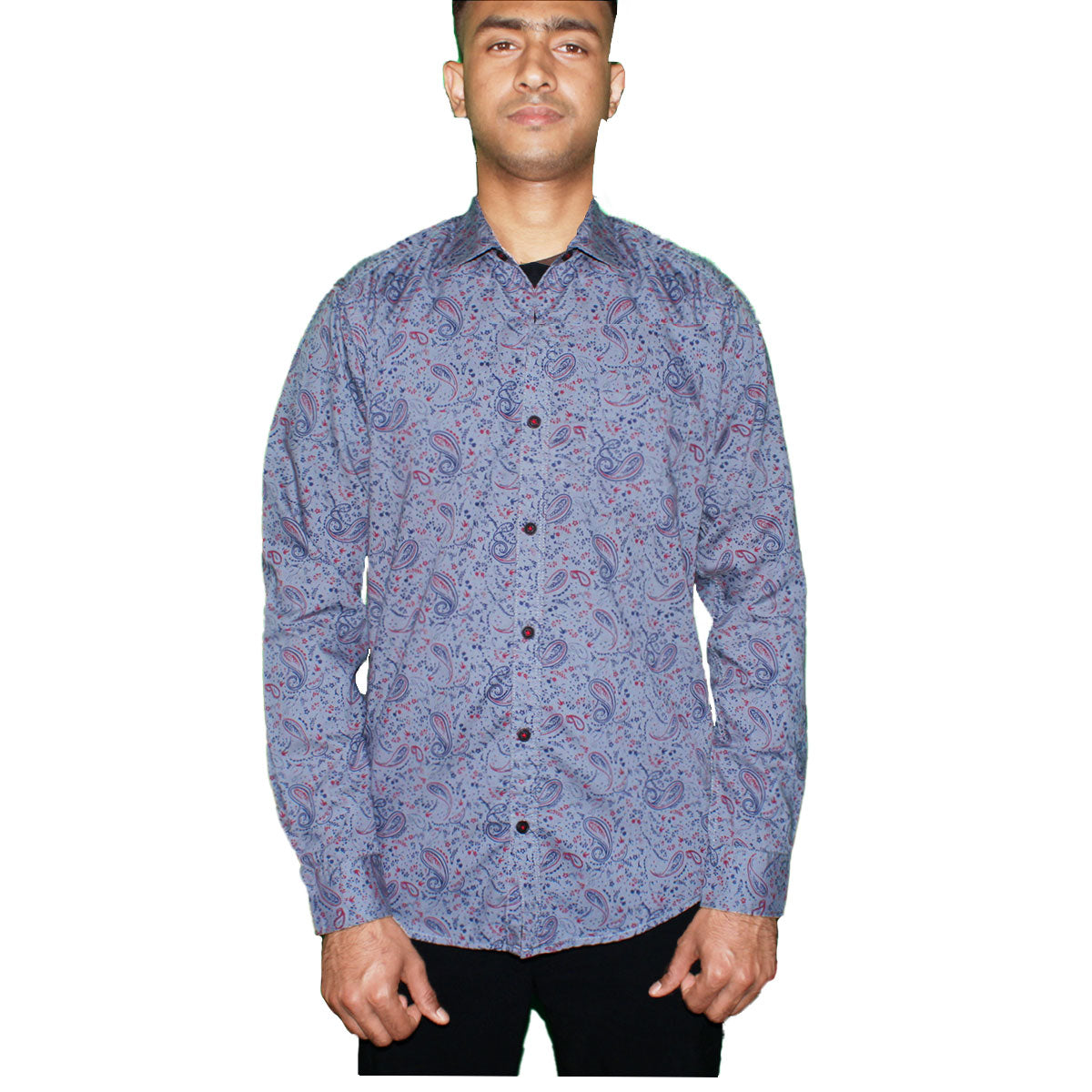 Paisley Pattern Button-Up Shirt - Gray & Red
