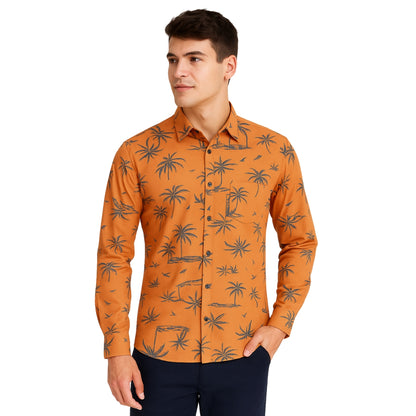 Palm Tree Print Orange Long Sleeve Shirt for Men