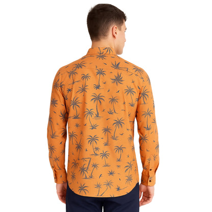 Palm Tree Print Orange Long Sleeve Shirt for Men