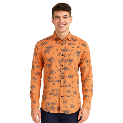 Palm Tree Print Orange Long Sleeve Shirt for Men